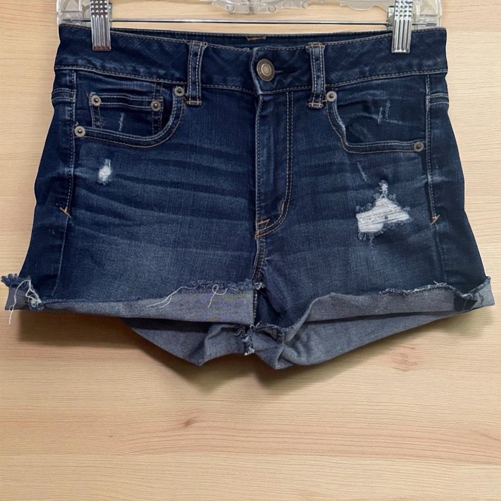 American Eagle Dark Blue Distressed Jean Shorts Women's Size 4 Super Stretch